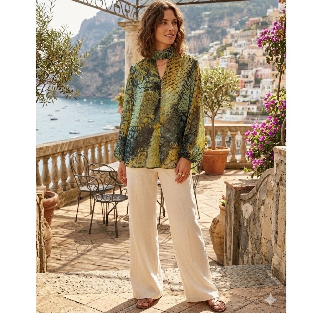 Iman Global Chic Snakeskin Print Mock Neck Keyhole Blouse Green Gold Shimmer M